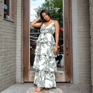 Palm print ruffled layered dress